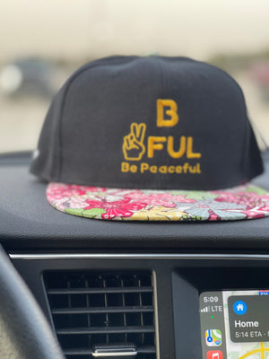 B Peaceful Black And Gold Flower Pattern SnapBack